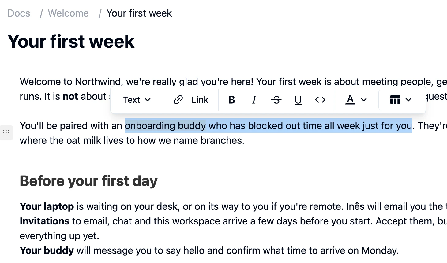 Document Spaces editor in Tiny Team: the page “Your first week” with a phrase selected and the formatting menu open