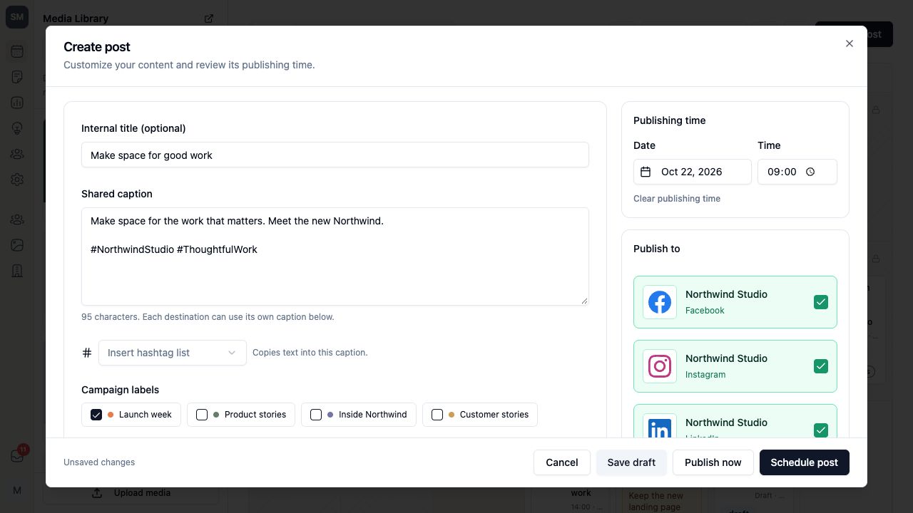 Social Media post composer in Tiny Team: a shared caption, campaign labels, publishing time and selected Facebook, Instagram and LinkedIn accounts
