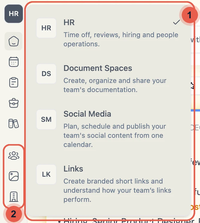 A Tiny Team workspace with the module switcher open, listing HR, Document Spaces, Social Media and Links. Marker 1 circles the switcher; marker 2 circles the shared tools in the left rail.