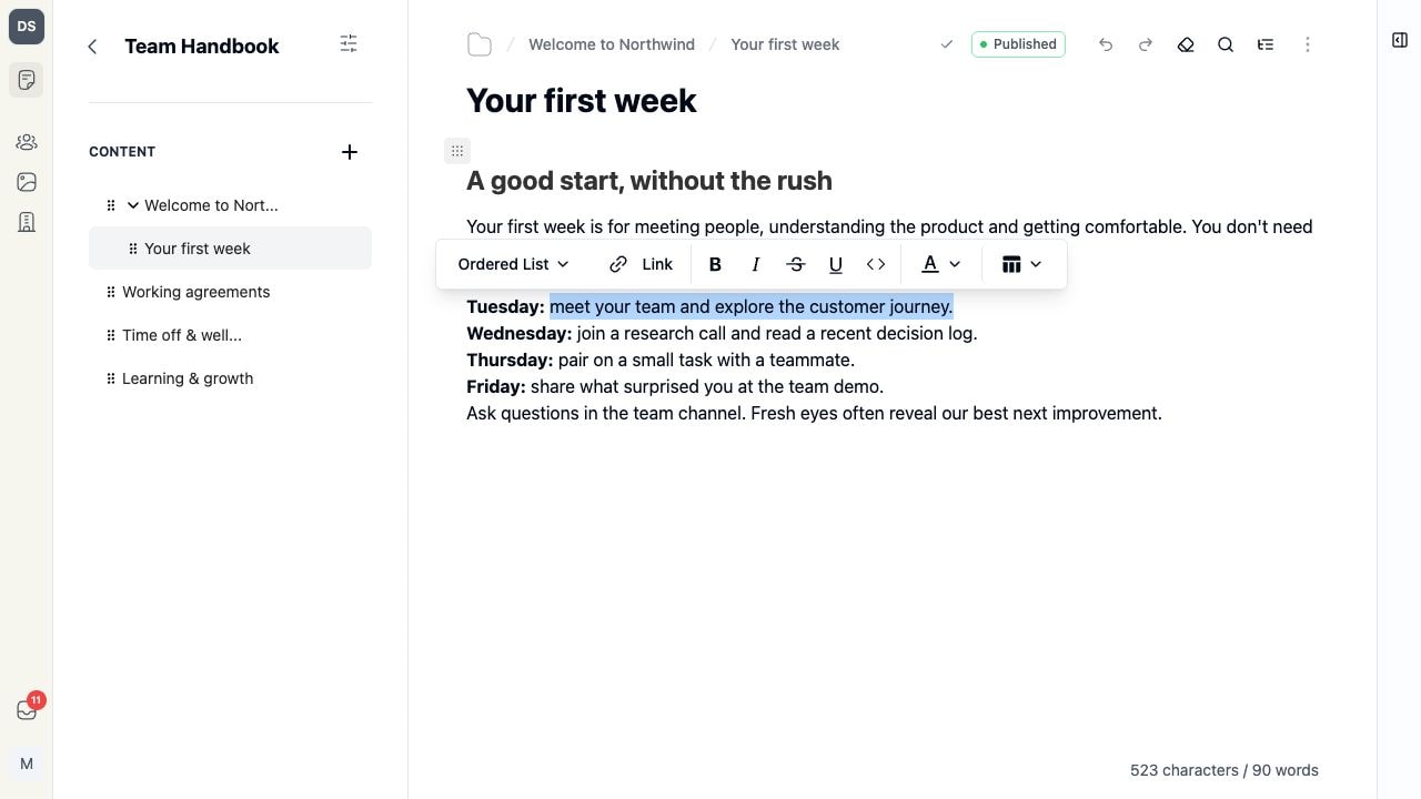The Northwind Studio first-week handbook in Tiny Team Document Spaces, with nested pages and the inline formatting menu open.