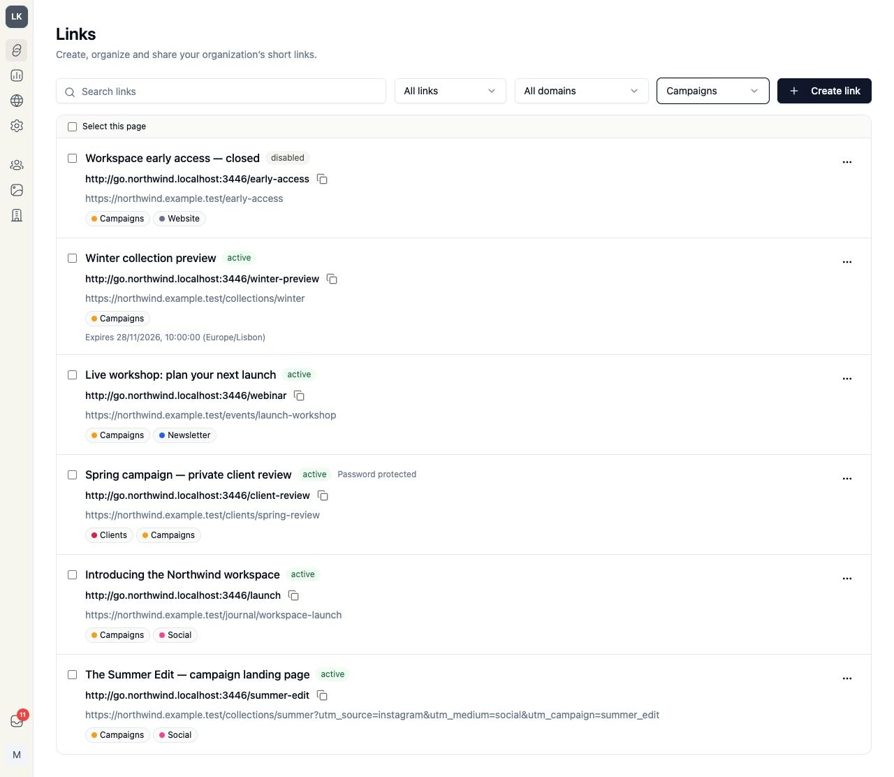 Northwind Studio's links in Tiny Team, with fictional short URLs, campaign tags and active or disabled states.