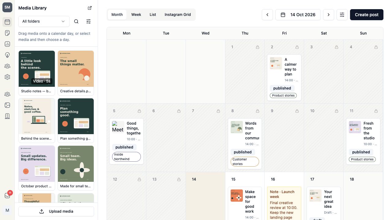 Northwind Studio's Tiny Team Social Media calendar, with media thumbnails, upcoming posts and mock connected accounts.