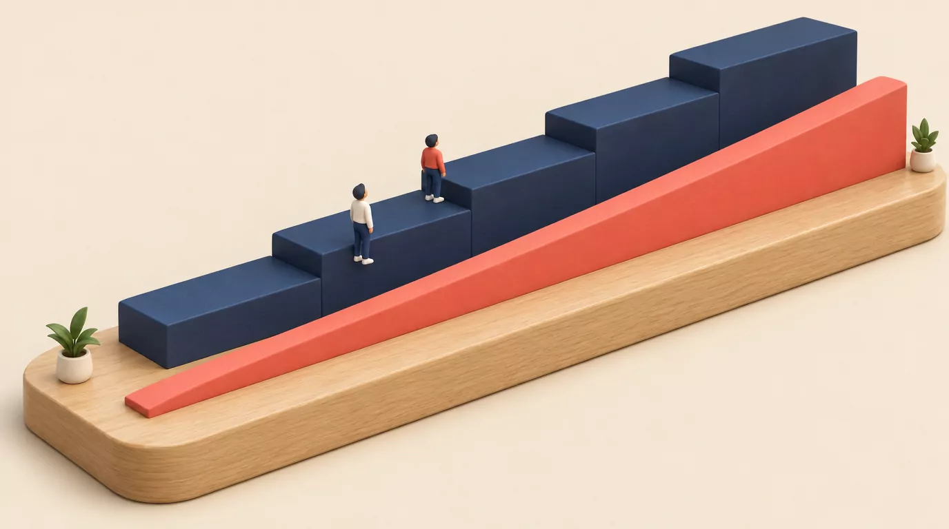 Navy staircase of annual price bands beside a smooth coral ramp for monthly billing per creator