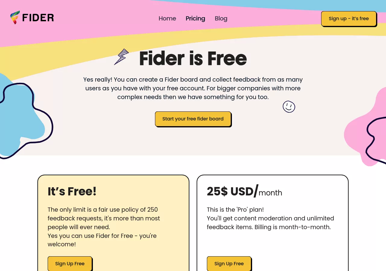 Fider pricing page showing a free plan with a 250 feedback fair use limit and a $25 Pro plan