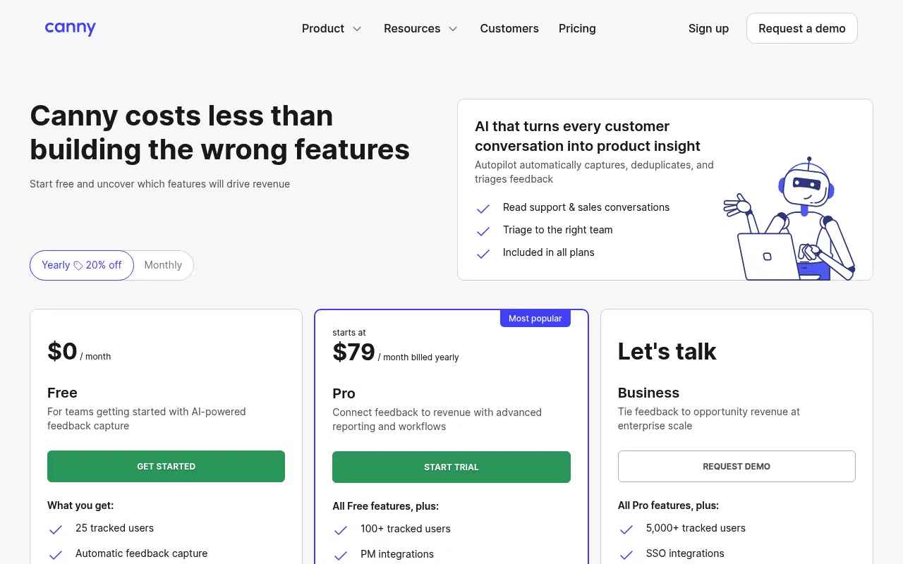 Canny pricing page showing the Free plan at $0, Pro from $79 a month billed yearly, and Business