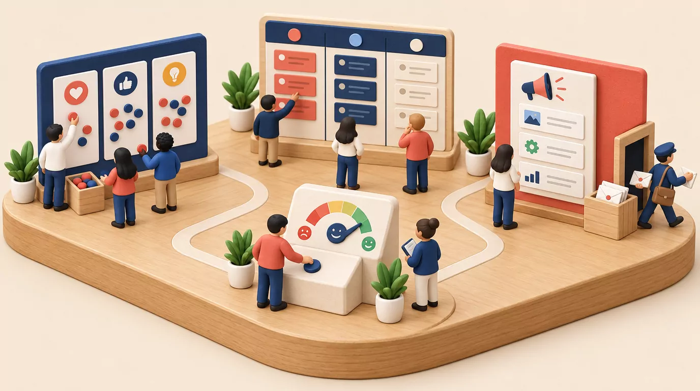 Concept diagram of one feedback portal joining a voting board, a three column roadmap, an updates board and a survey kiosk