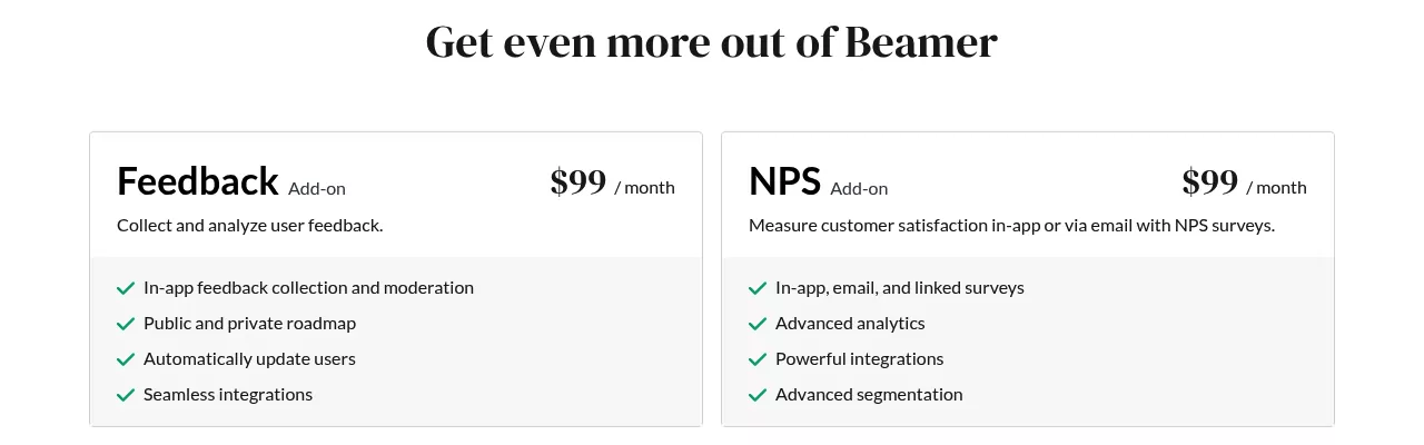 Beamer Feedback and NPS add-on cards, each listed at $99 a month on the Beamer pricing page