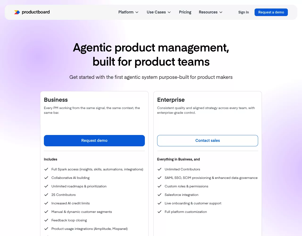 Productboard pricing page with Business and Enterprise plan cards, demo and sales buttons, and no prices