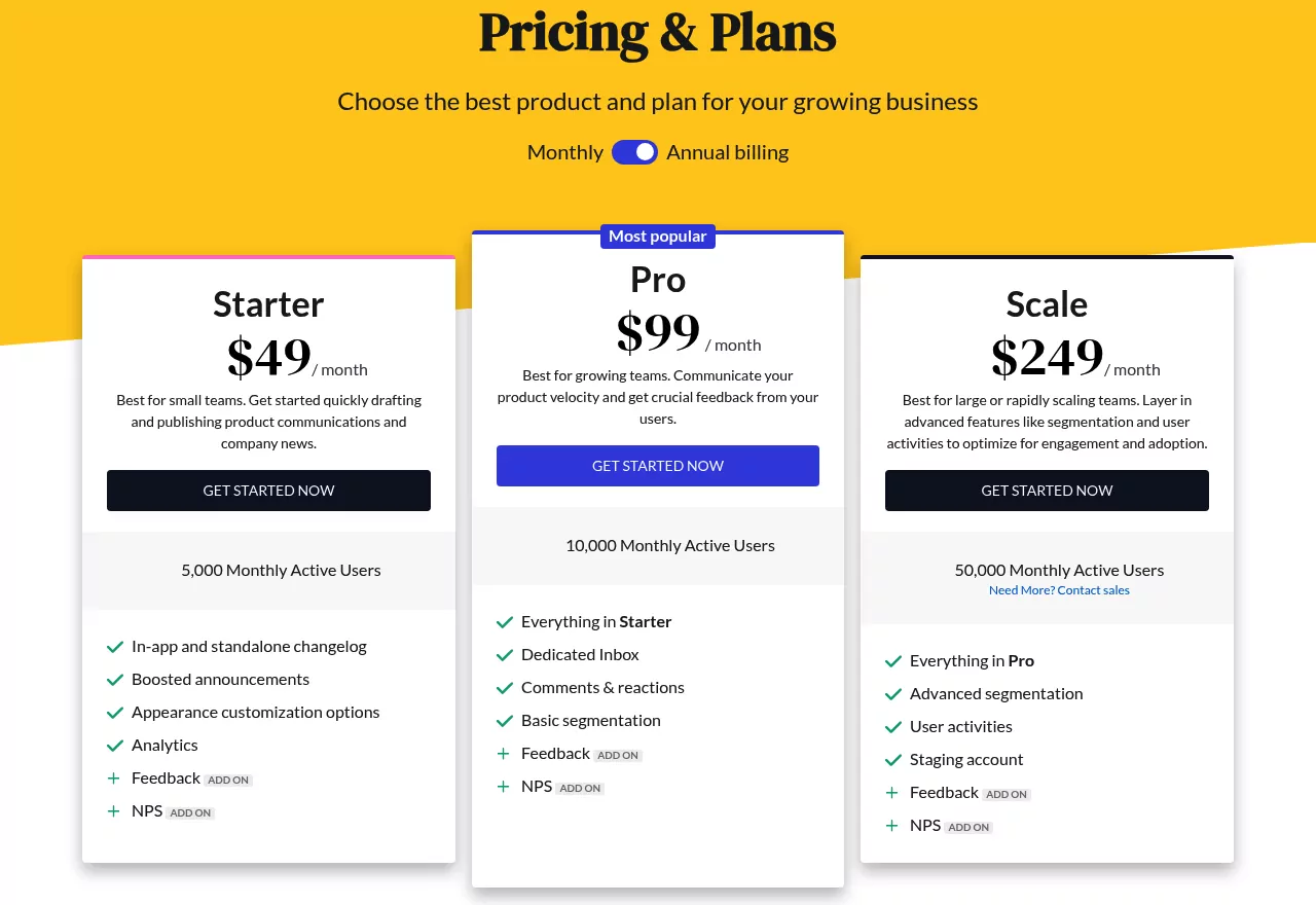 Beamer pricing page with Starter at $49, Pro at $99 and Scale at $249 a month on annual billing