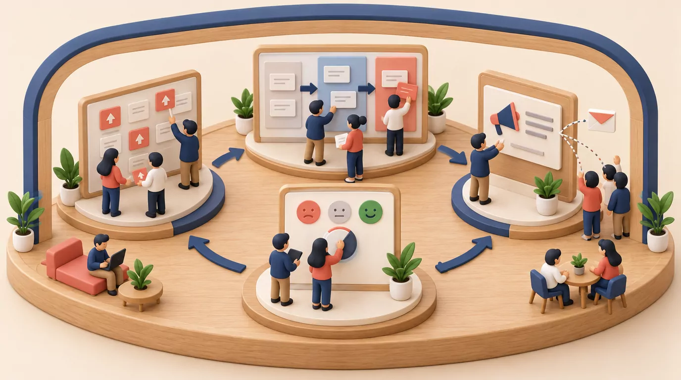 Concept loop of a voting board, a roadmap, a changelog and a survey kiosk joined by arrows on one portal