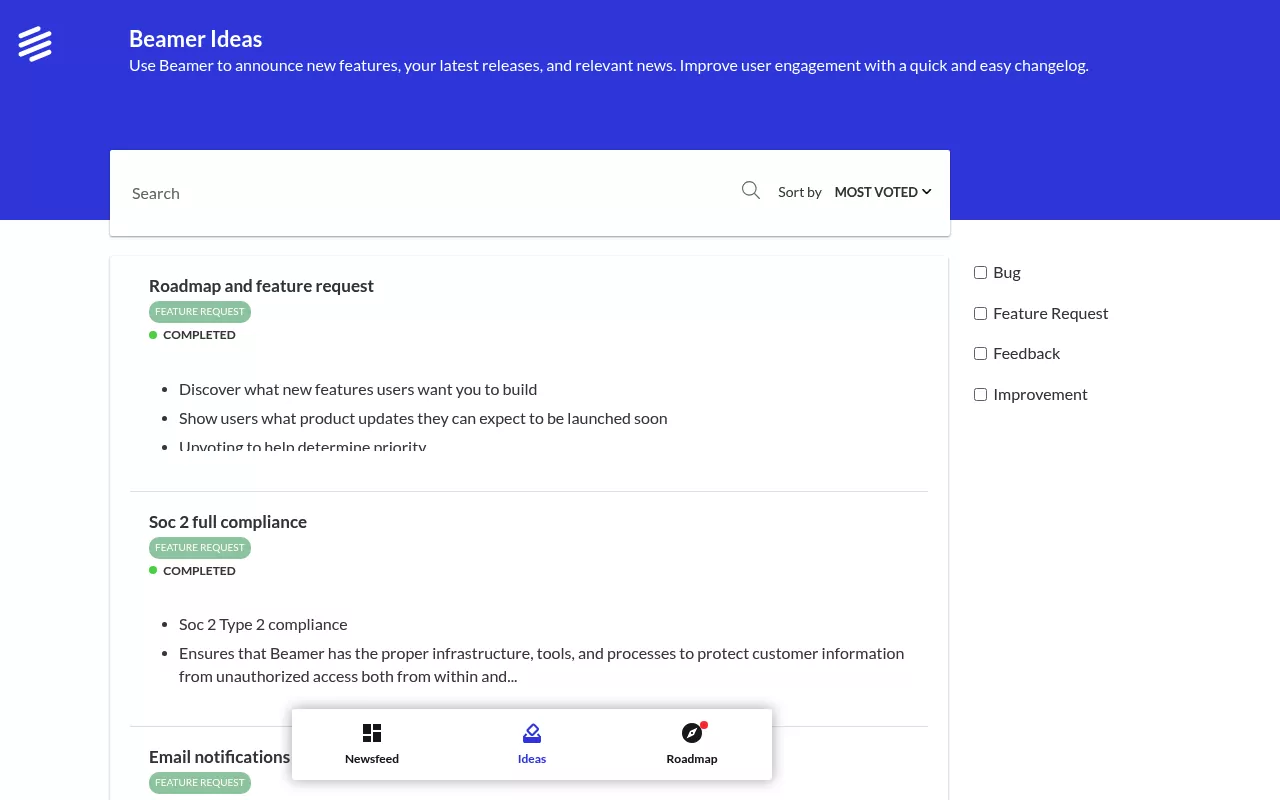 Beamer feedback Ideas portal sorted by most voted, with Feature Request tags and Completed statuses