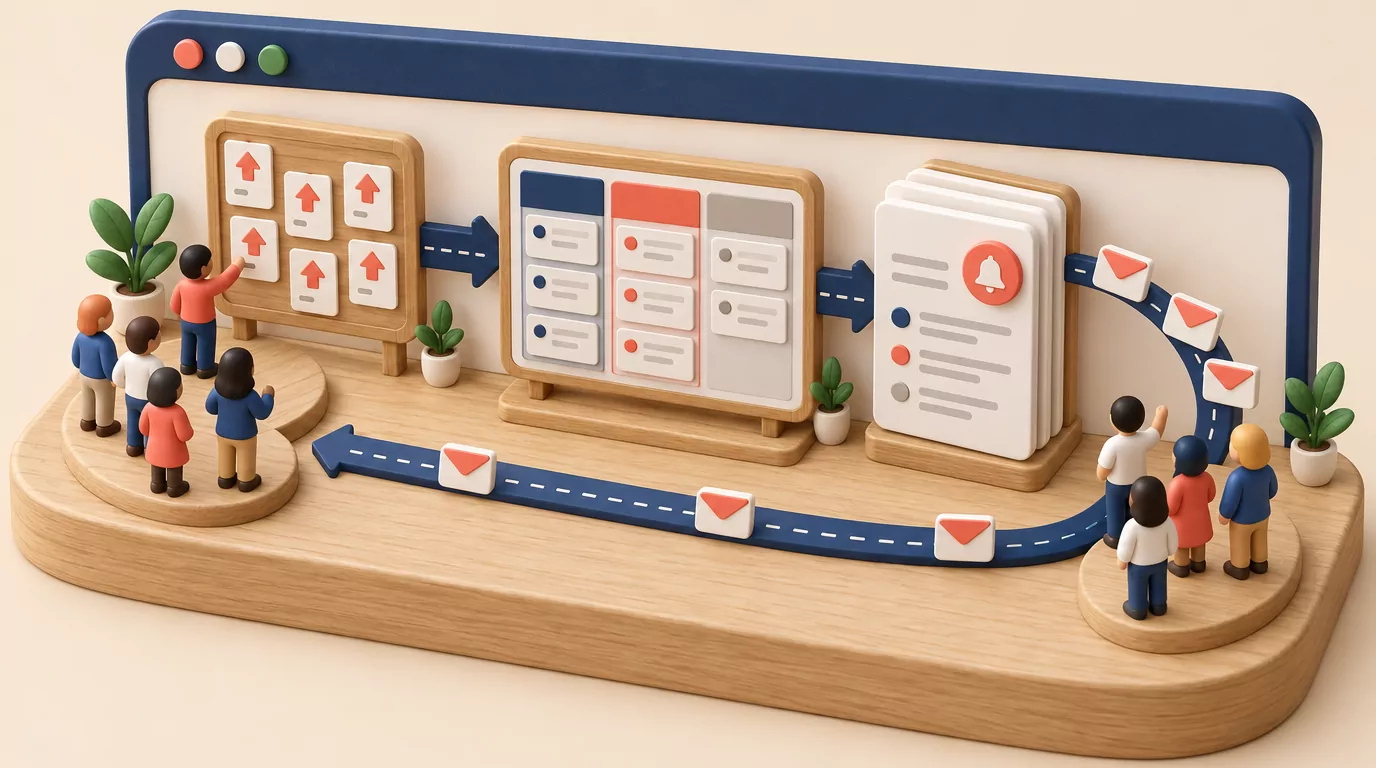 Feedback loop concept: voting board feeds a roadmap, then a changelog that emails customers, inside one portal