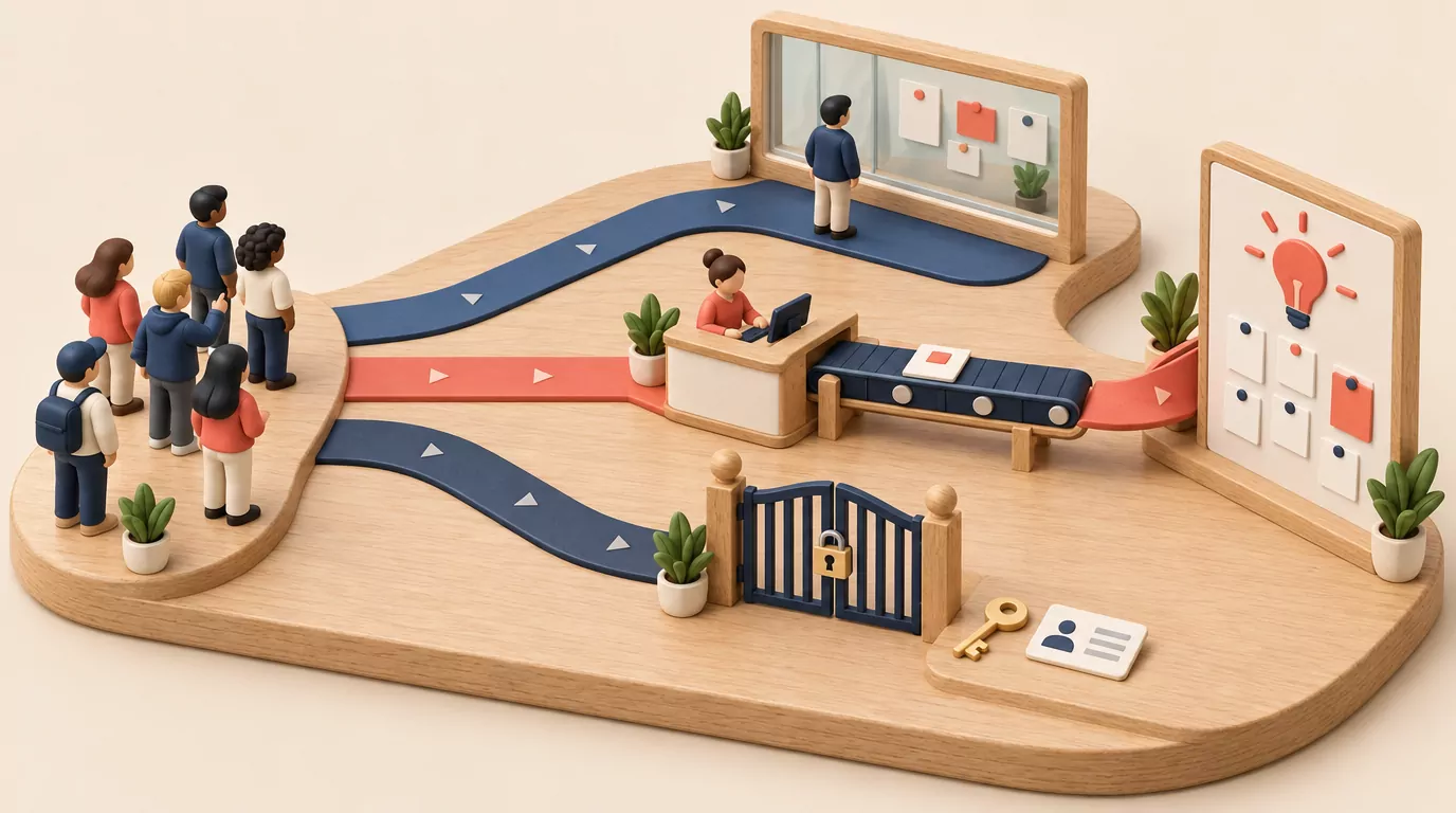 Three routes for customers into a JPD idea board: a read-only window, a service desk conveyor and a gate needing an account