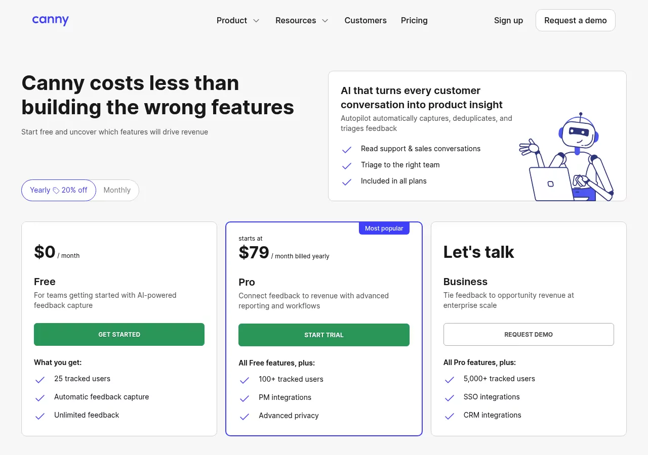 Canny pricing page showing Free for 25 tracked users and Pro from $79 a month billed yearly