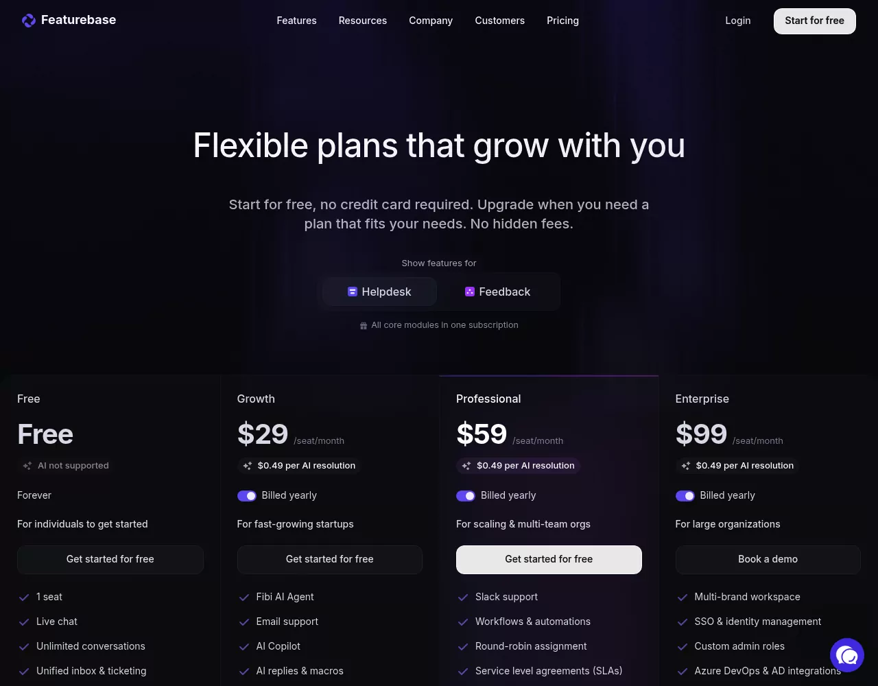 Featurebase pricing page with Free, Growth, Professional and Enterprise per-seat plans billed yearly