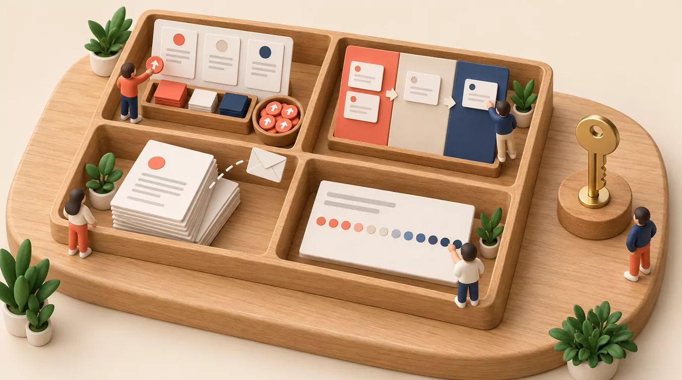 Concept diagram of one module holding a voting board, roadmap, changelog and NPS survey, bought once