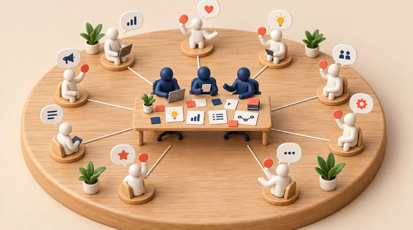 Diagram of three paid creators at a central desk with a wider ring of free contributors voting and commenting