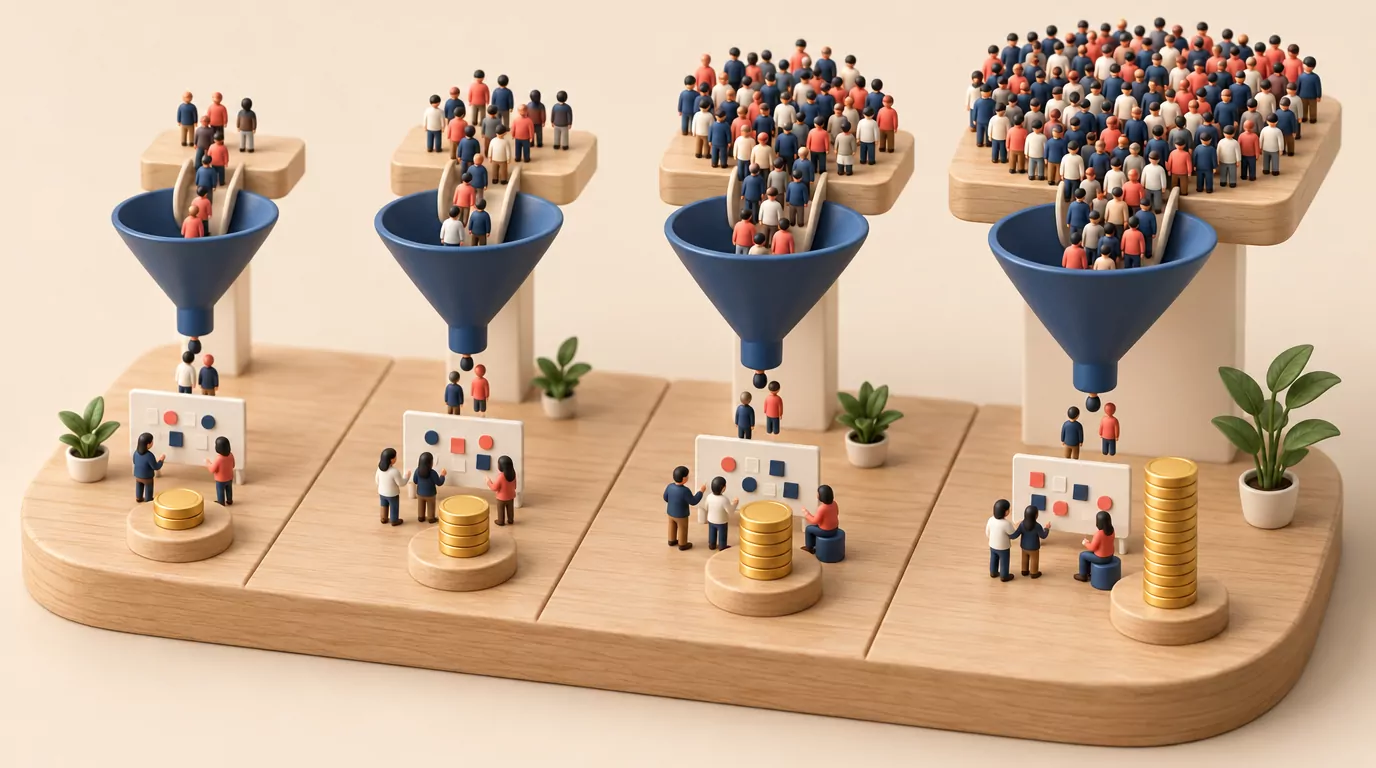 Four funnels: larger user bases send a small share of tracked users to the board, and Canny costs grow per lane