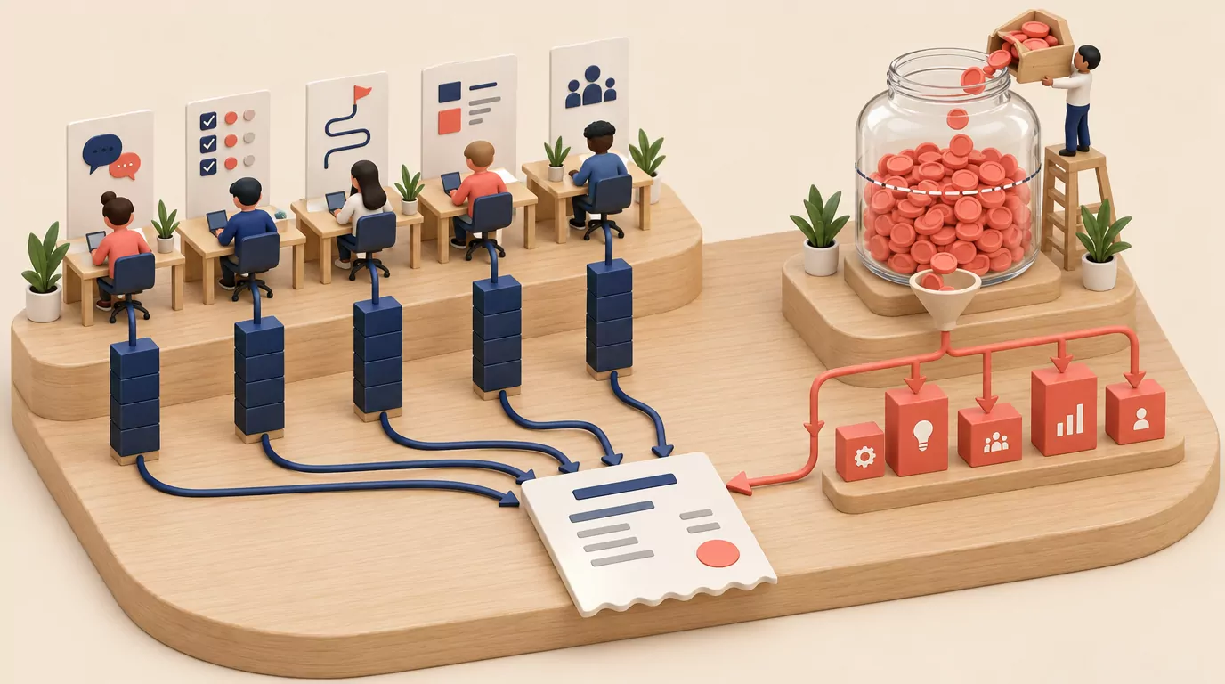 Diagram of Productboard pricing as two meters: maker seats and a pooled AI credit jar feeding one bill