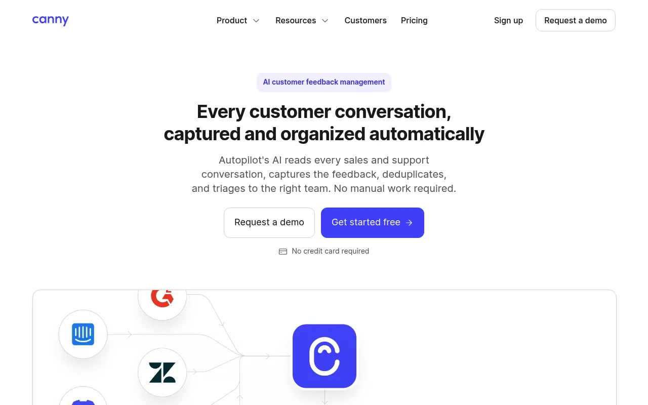 Canny Autopilot page describing AI that captures customer feedback from sales and support conversations